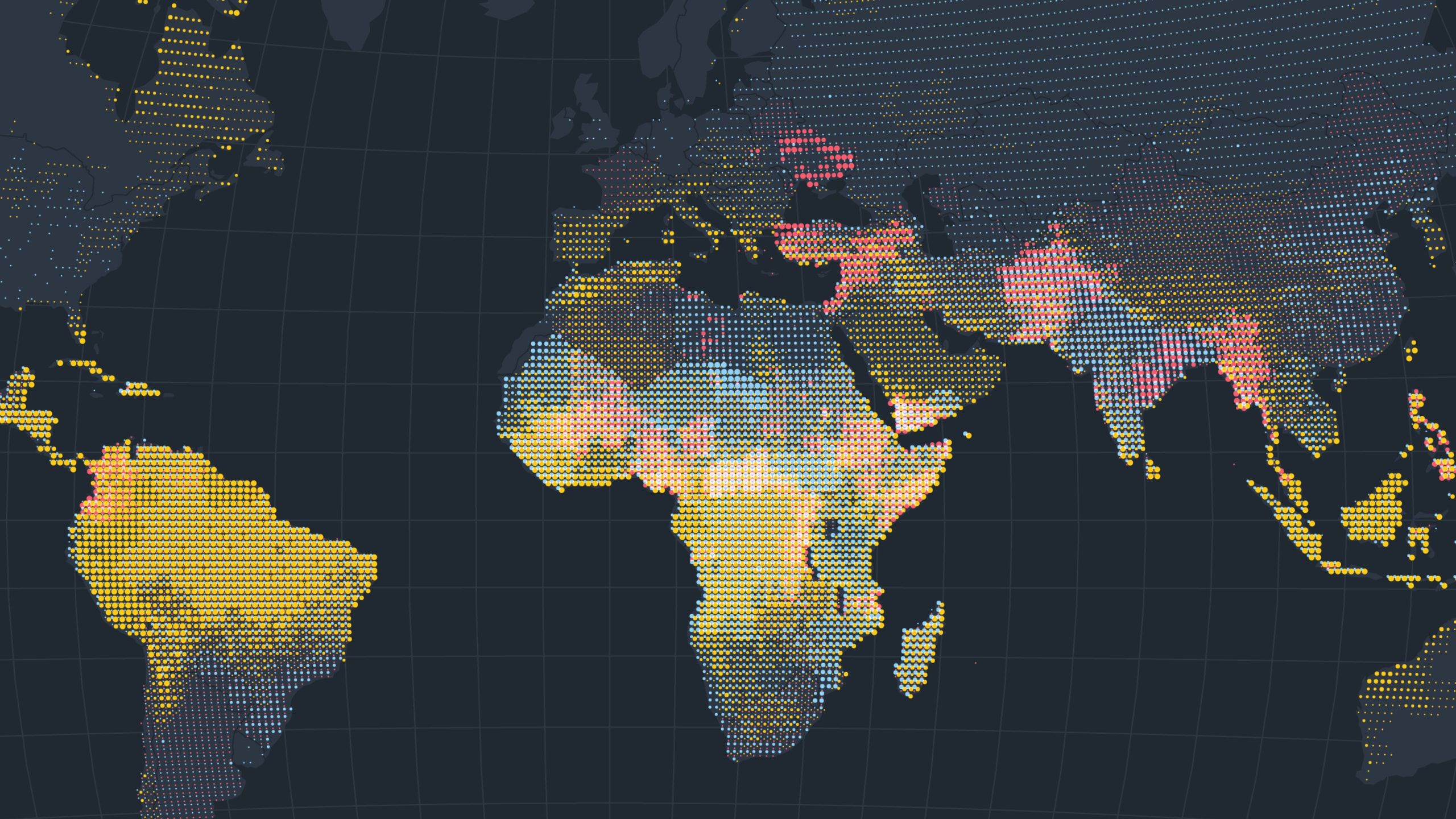 Climate & Conflict Analysis world map blending climate impact, scope conditions and conflict risk into combined colored dots