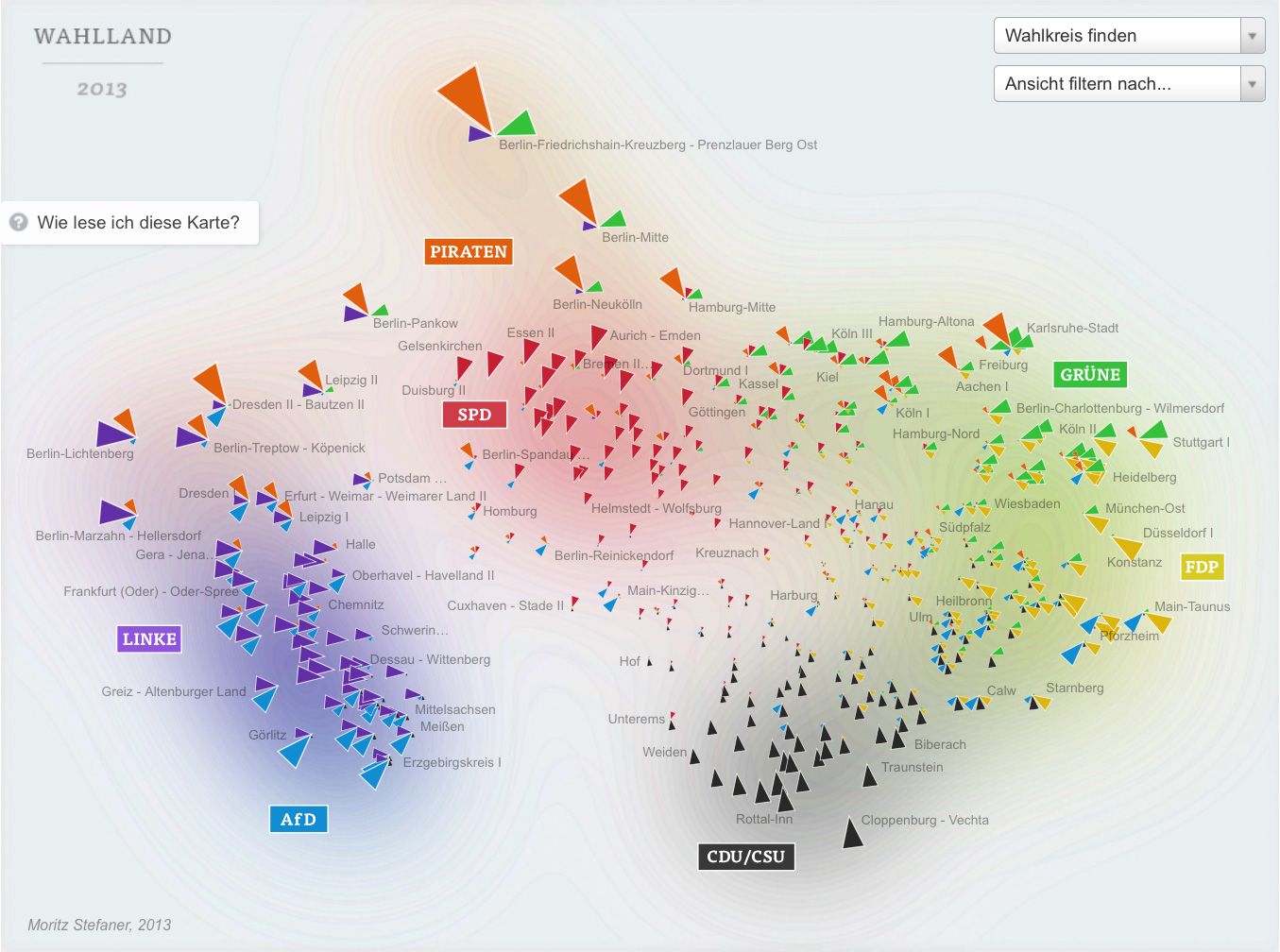 Wahlland 2013 map arranging German electoral districts by voting similarity into party-colored triangle clusters
