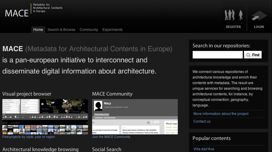 MACE portal homepage with repository search, a visual project browser and community features