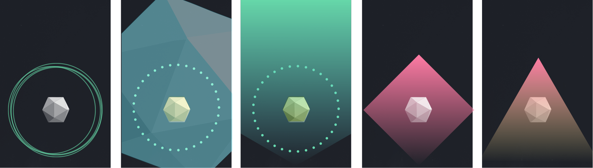 Five mood studies of the visual language, server crystals encased in rings, diamonds and triangles on dark backdrops