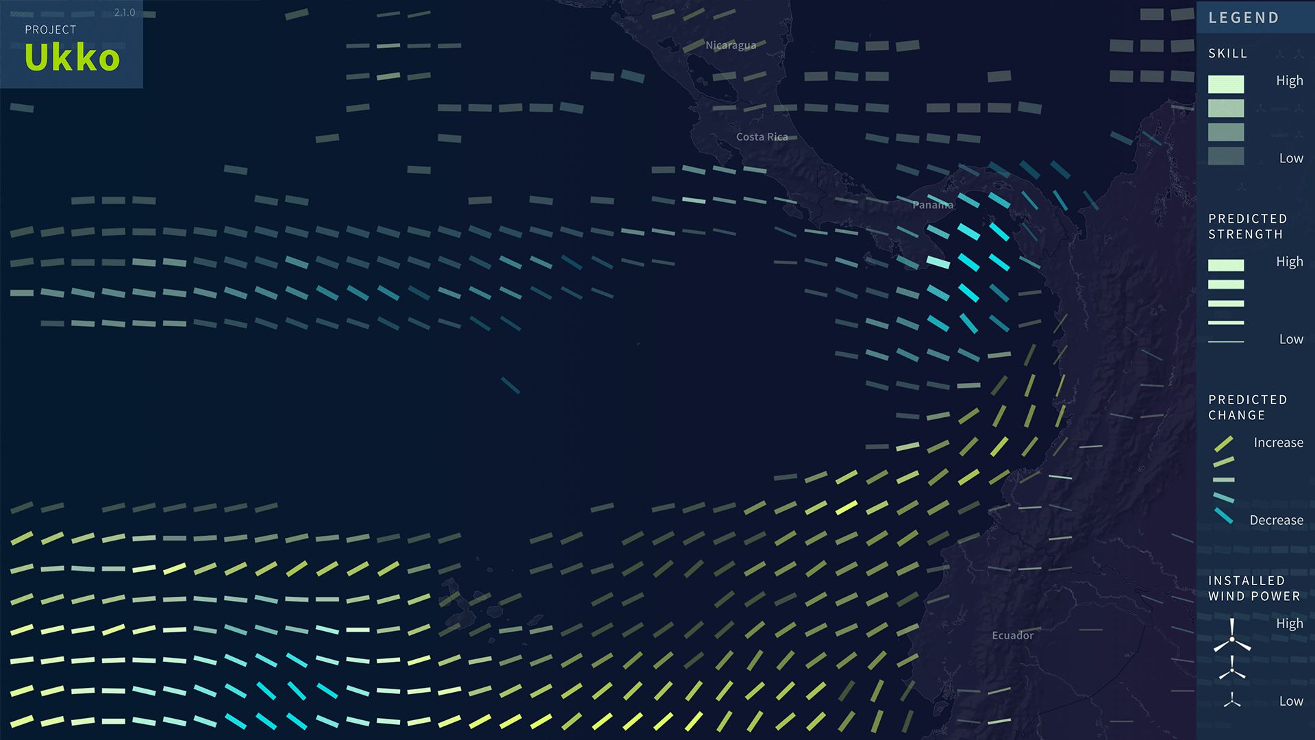 Project Ukko wind-prediction glyph map over the eastern Pacific with legend for skill, strength, change and wind power