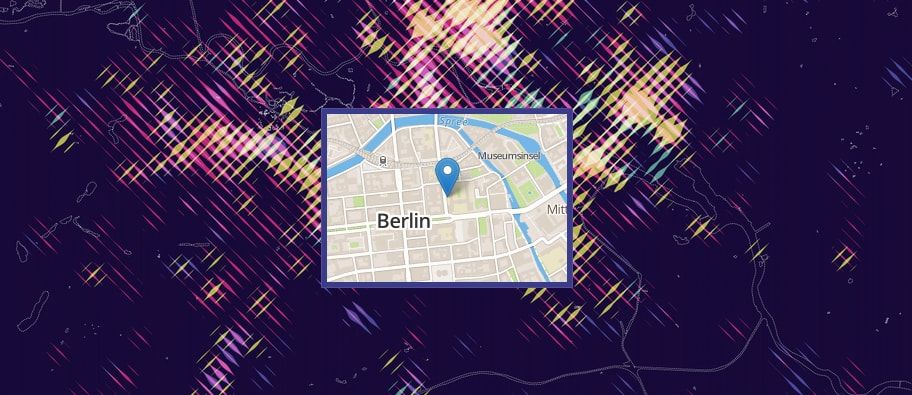 Stadtbilder website with a map overlay pinpointing Berlin's Museumsinsel over the abstract hotspot poster