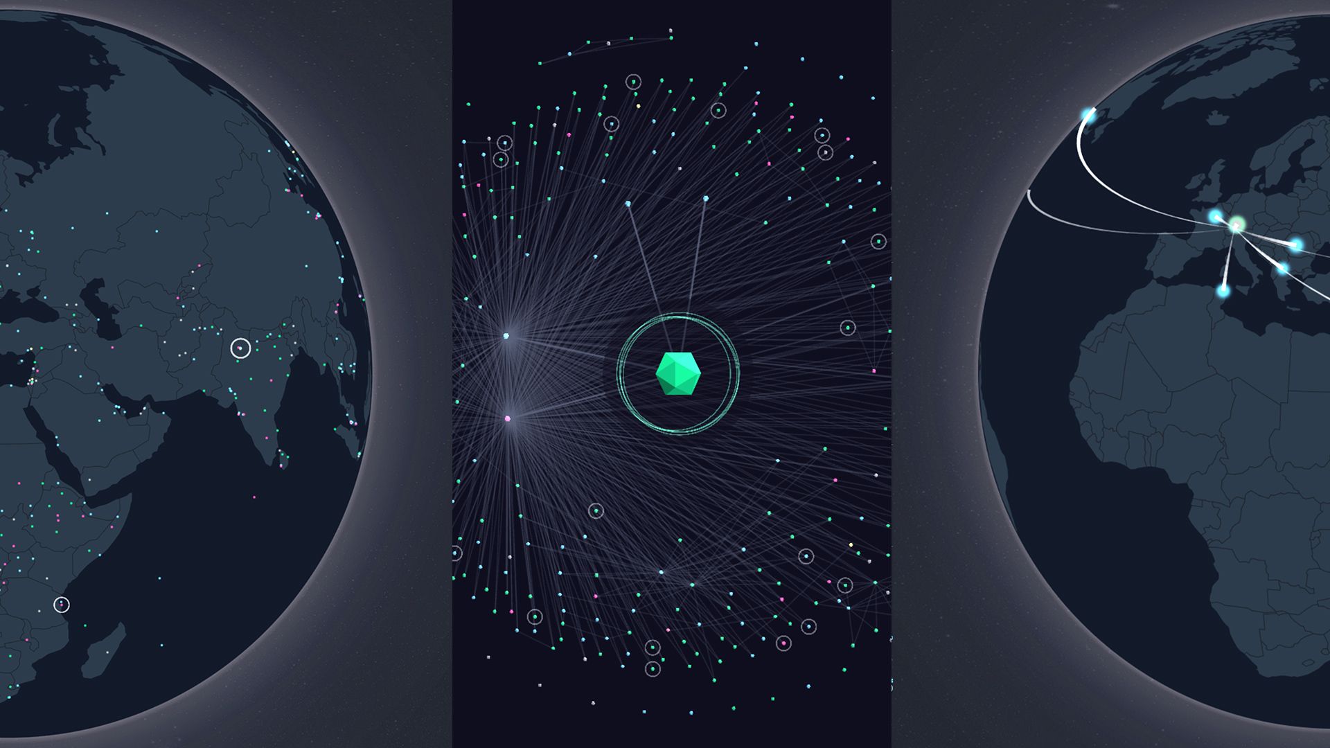Three view types side by side: rotating globe of server statuses, single-node zoom network, and rollout deployment arcs