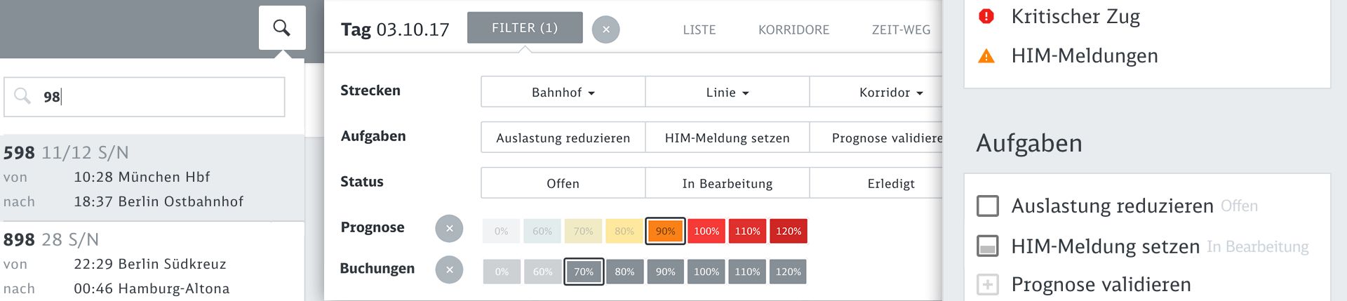 Close-up of the UI: quick-search for trains plus filters for route, tasks, status, forecast and booking levels