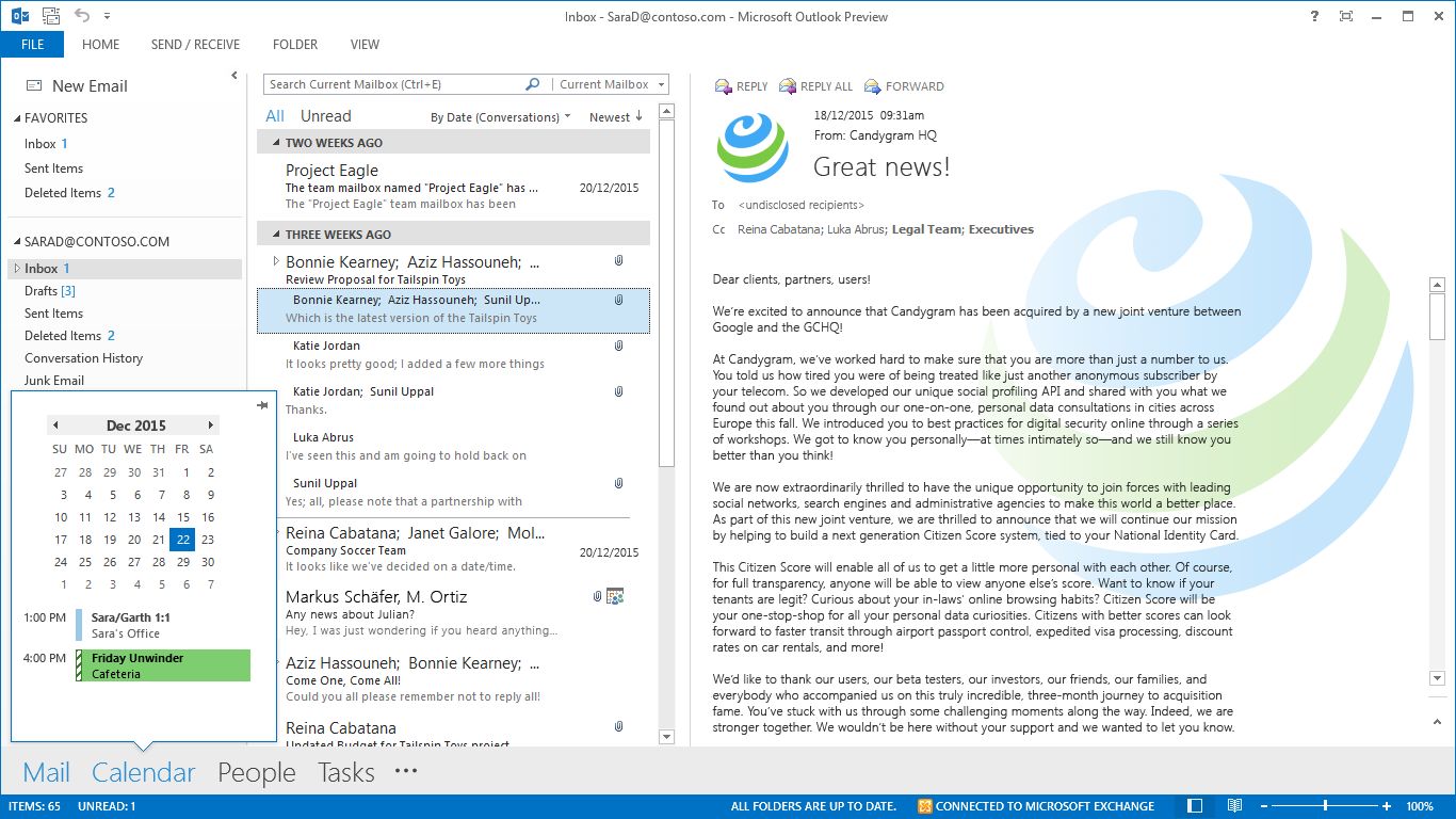Outlook screenshot of a Candygram HQ email announcing the company's total sell-out