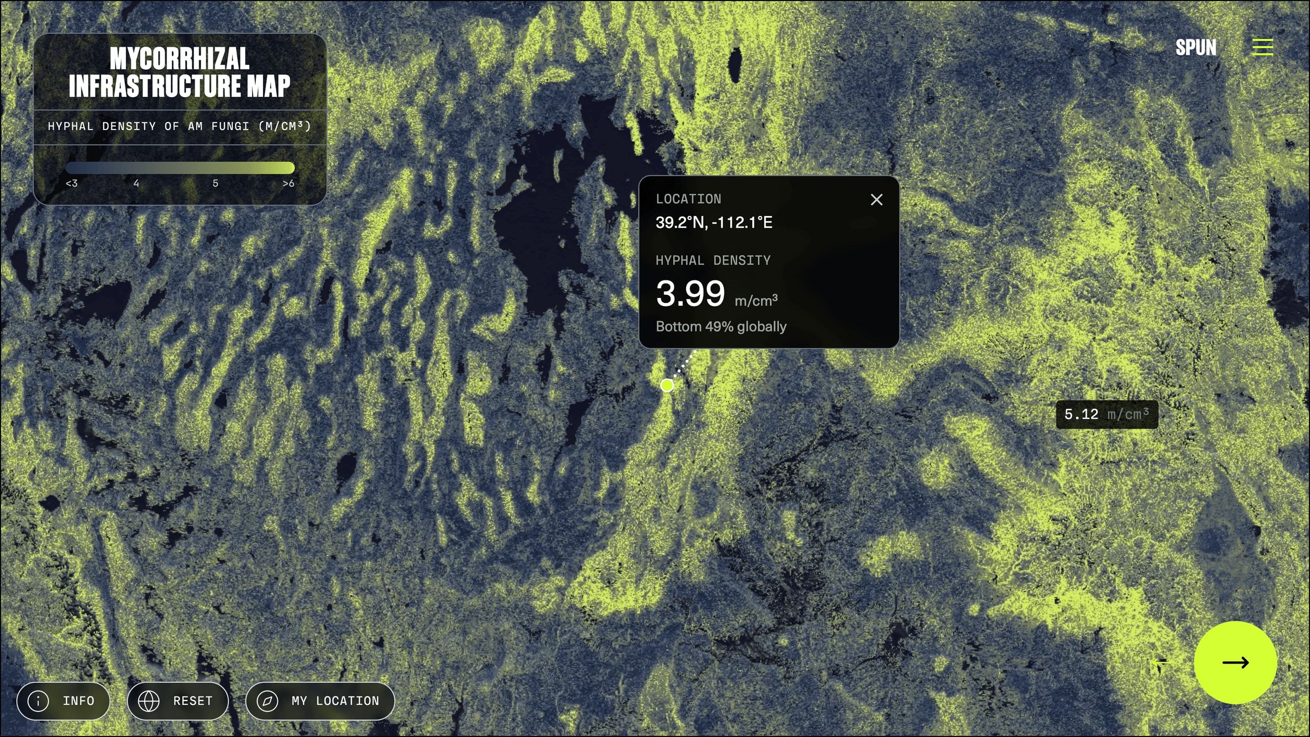 Full-screen mycorrhizal infrastructure map interface with a hyphal-density tooltip reading 3.99 m/cm³